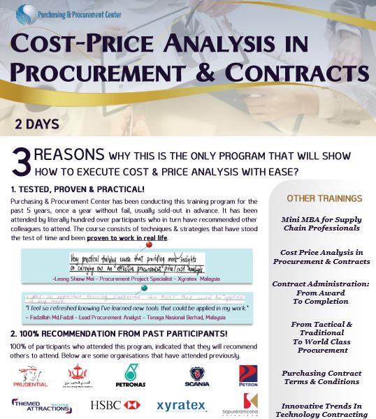 Purchasing & Procurement Center has been conducting this best selling training program every year and it is usually sold-out 1 month or more in advance. Attended by literally hundreds of participants who in turn have recommended other colleagues to attend.